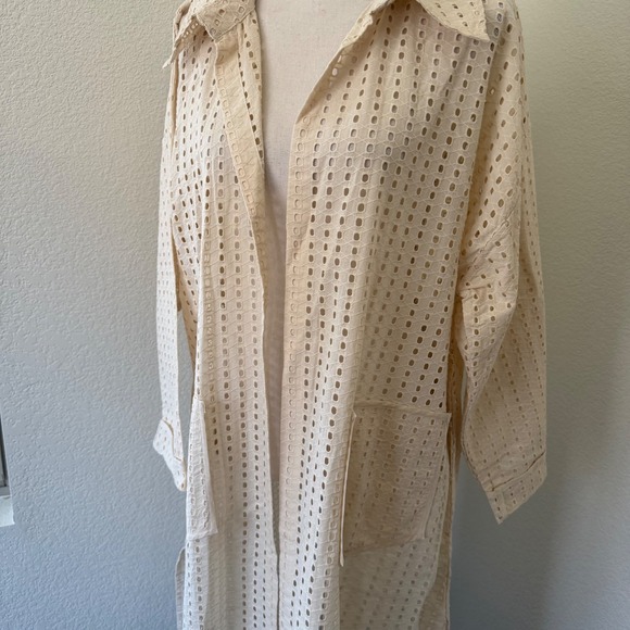 Anthropologie Sweaters - Anthropologie Eyelet Duster Cardigan Womens OS Beige Cotton Longline Open Front